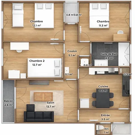 Appartement 5 Lits, T4, 3 Chambres, 100m2, Free Parking, Spacieux *