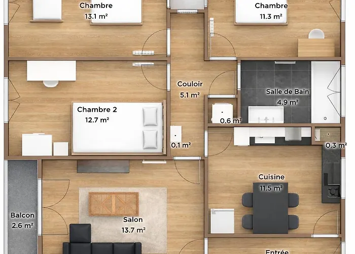 Lägenhet 5 Lits, T4, 3 Chambres, 100M2, Free Parking, Spacieux *